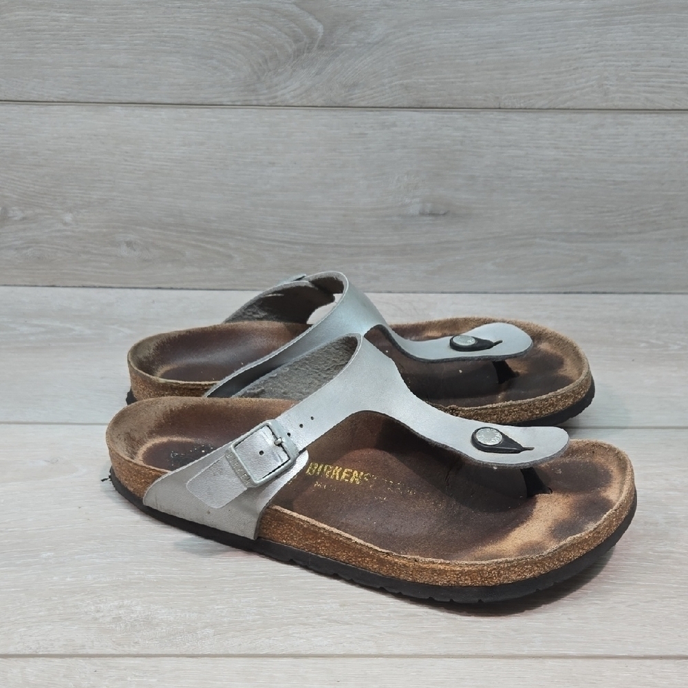 Birkenstock Women Gizeh T Strap Silver Buckle Sandals Slide Shoes Sz 40/9 Regula